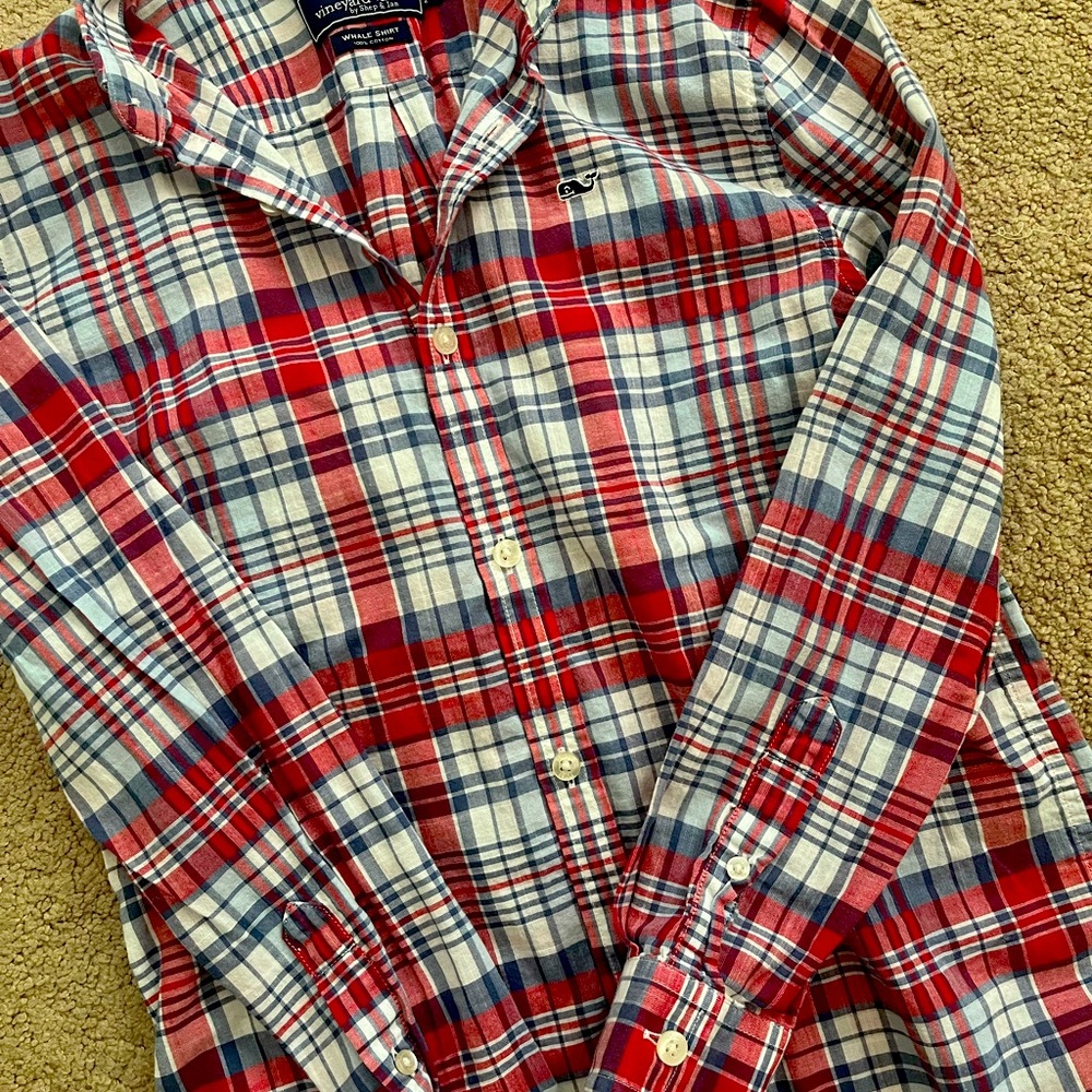 Vineyard Vines long sleeve blue and red cotton long sleeve boys’ shirt